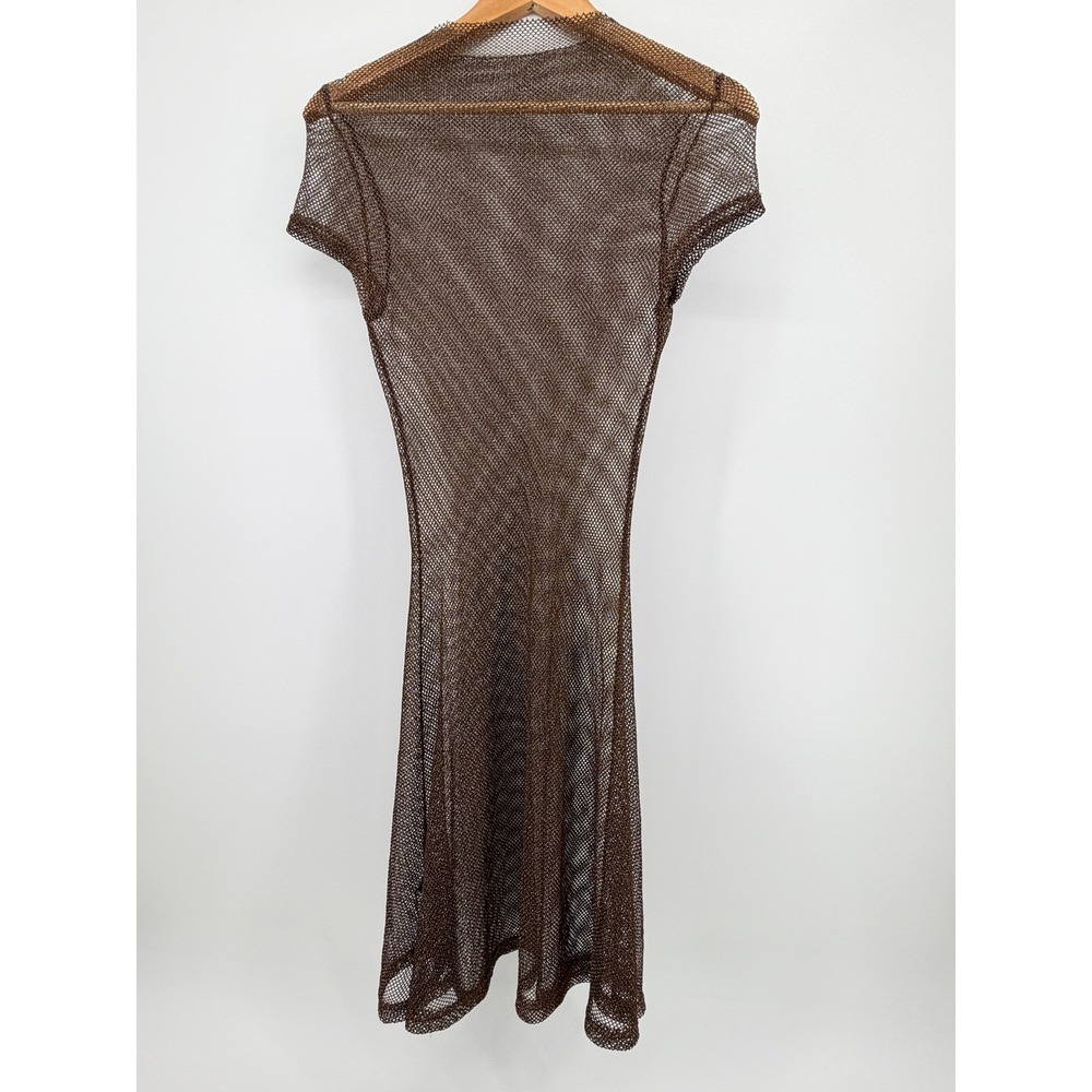 Cider Brown Sheer Metallic Shimmer Fishnet Mesh Short Sleeve Mini Dress NWT Y2K